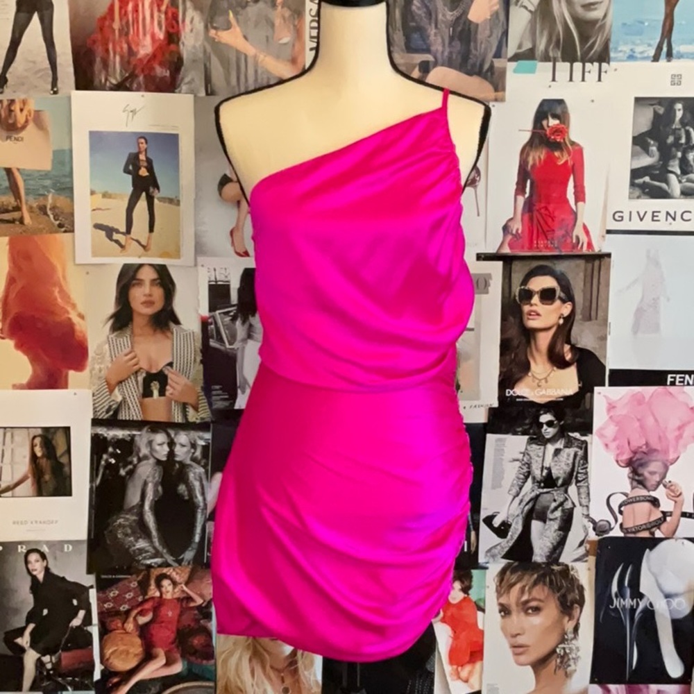 The Sei Ruched Silk Asymmetric Mini Dress